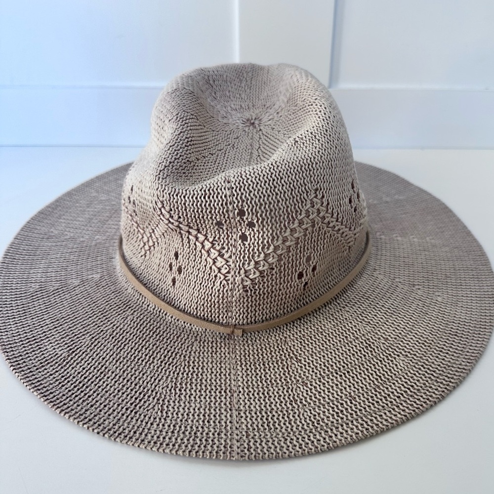 Free People Packable Knit Crochet Beige Fedora Wide Brim Boho Festival Beach Hat - Picture 2 of 7